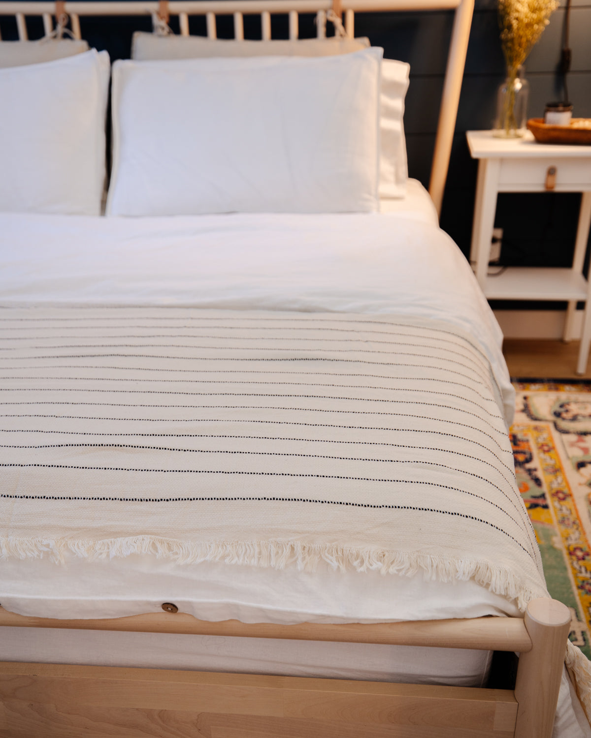 Boho Cream & Black Pinstripes Bedspread - King