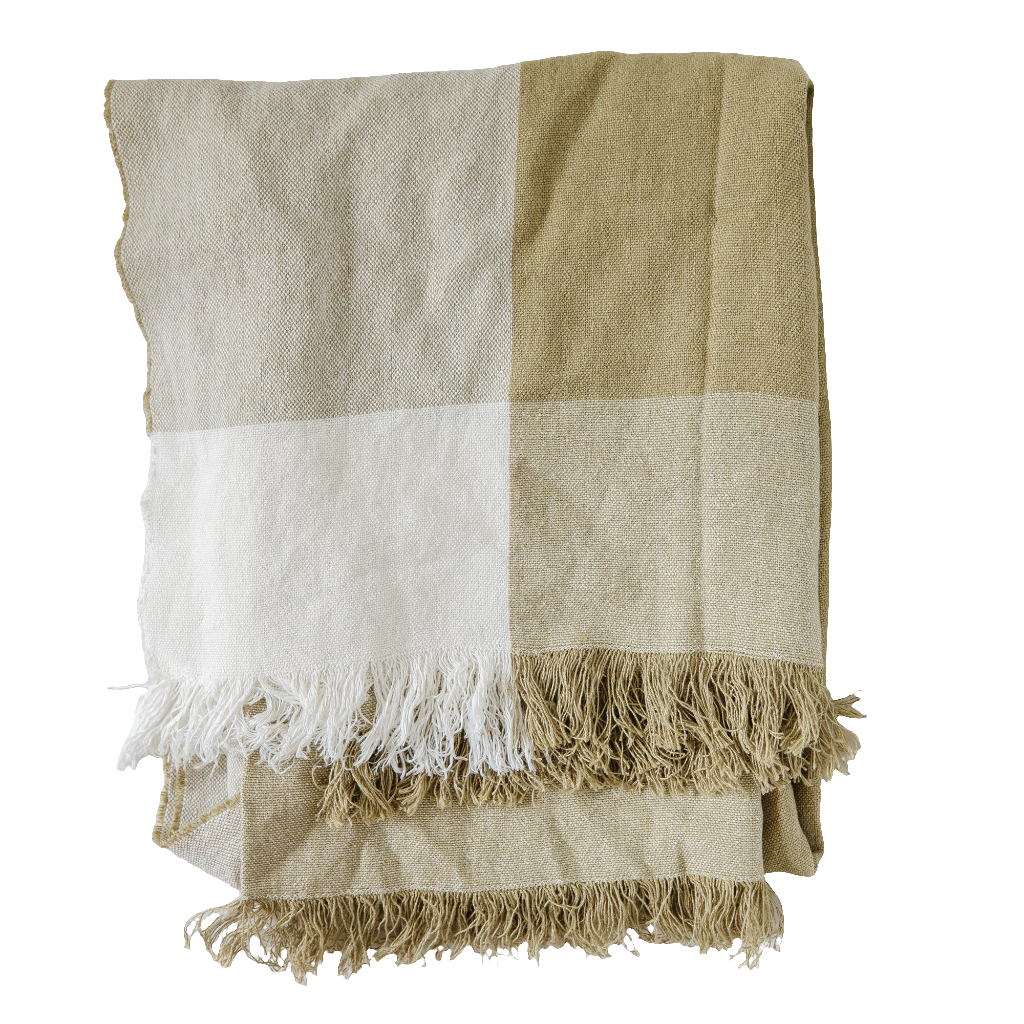 Signature Linen Throw Blanket in Olive Green & Cream Check
