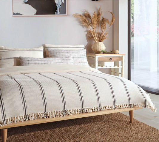 Boho Cream Bedspread with Black Stripes - Queen