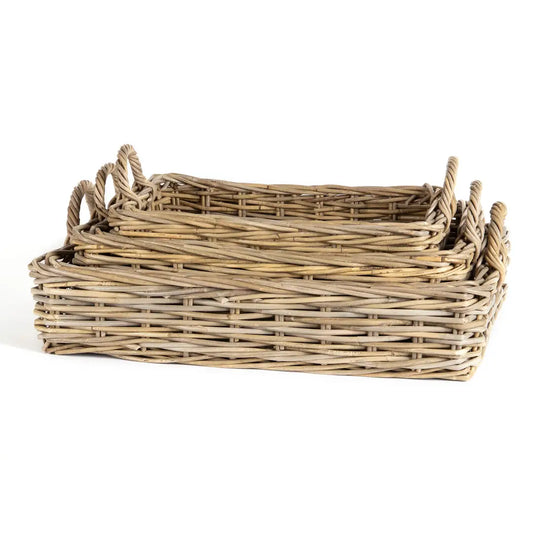 Set of 3 Low Rectangular Grey Rattan Trays