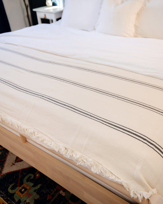 Boho Cream & Black Striped Bedspread - King