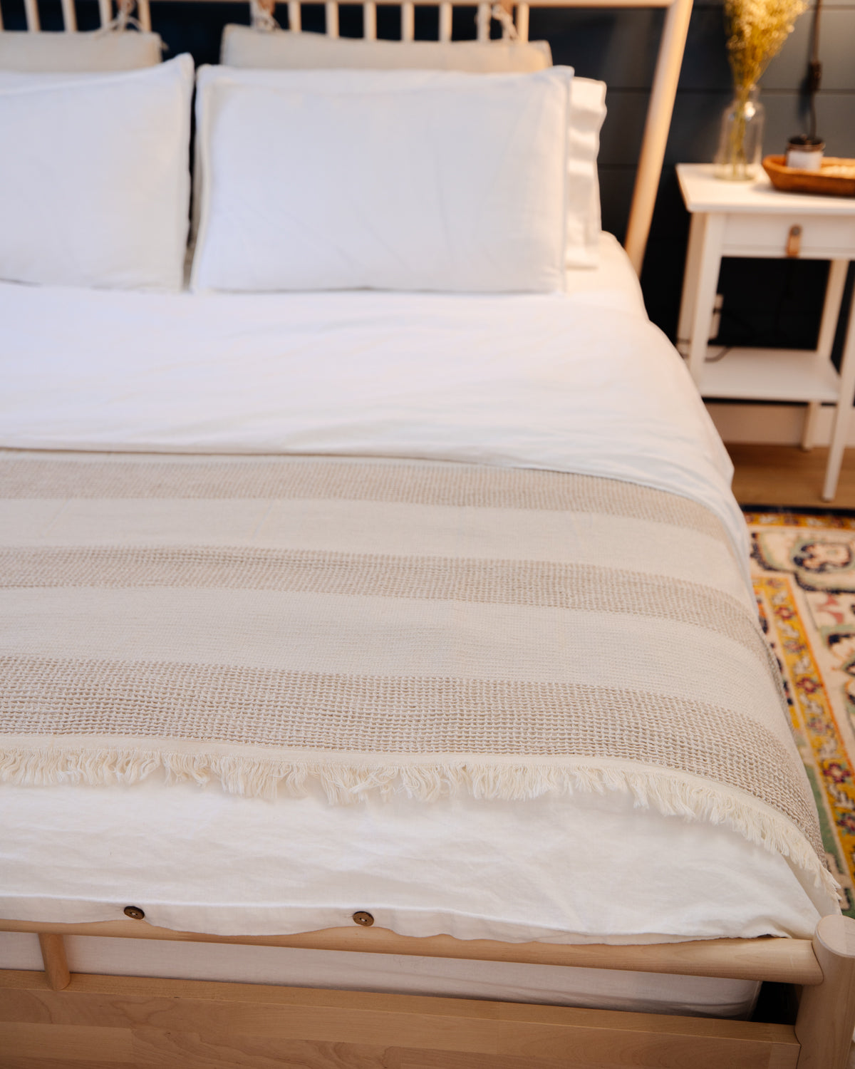 Boho Textured Stripe Beige Bedspread - King