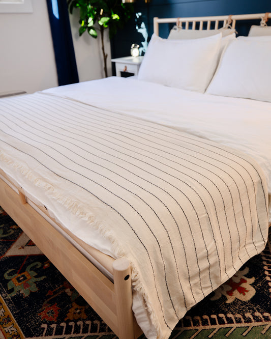 Boho Cream & Black Pinstripes Bedspread - King