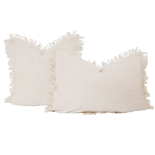 Signature Woven Ivory Slub Fringed Pillow Cover