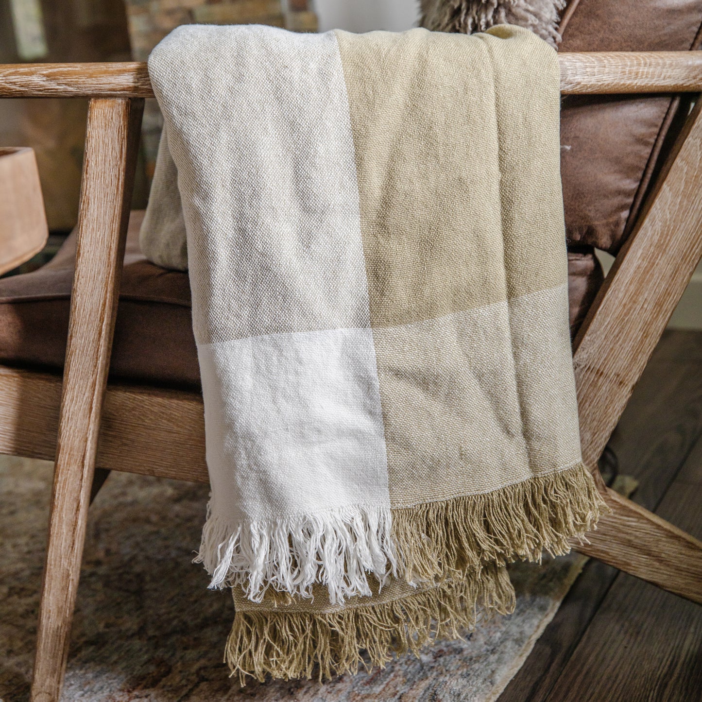 Signature Linen Throw Blanket in Olive Green & Cream Check – Cozy ...