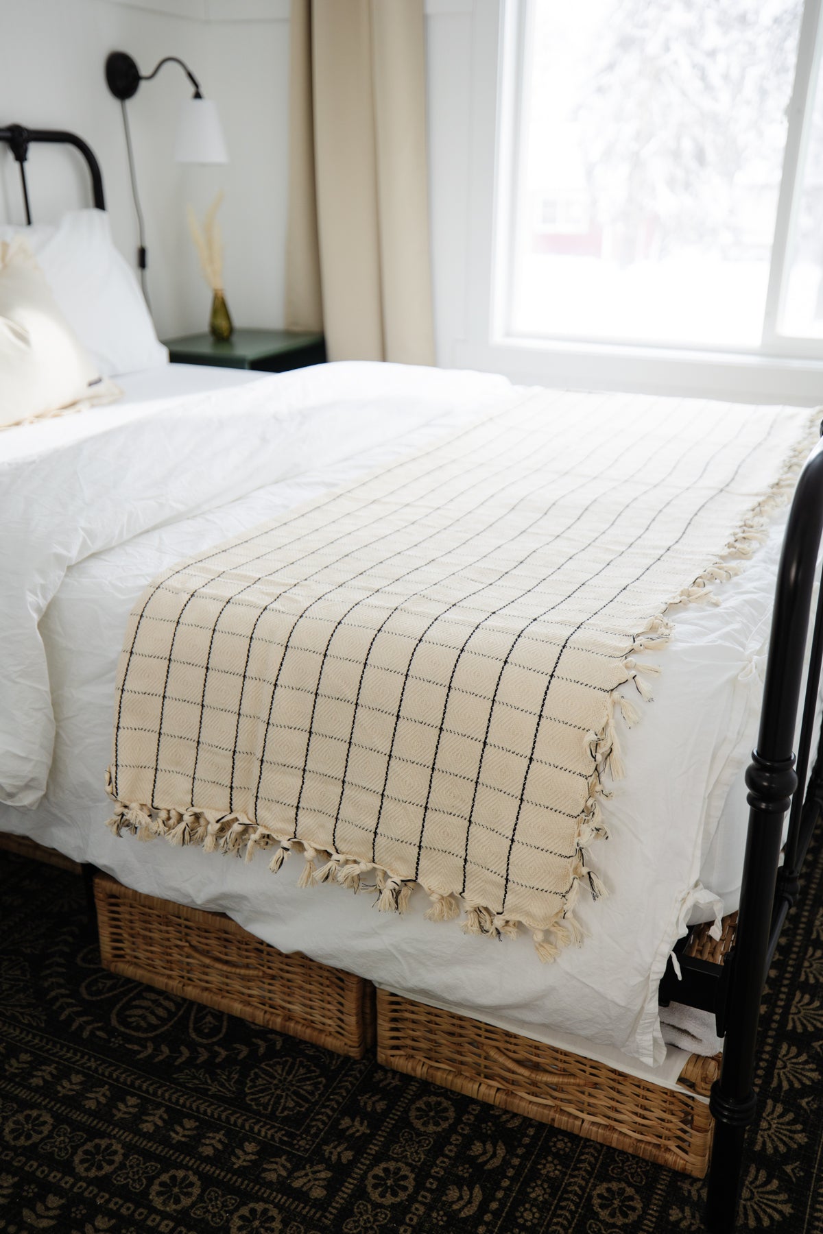 Boho Cream Checkered Bedspread - Queen